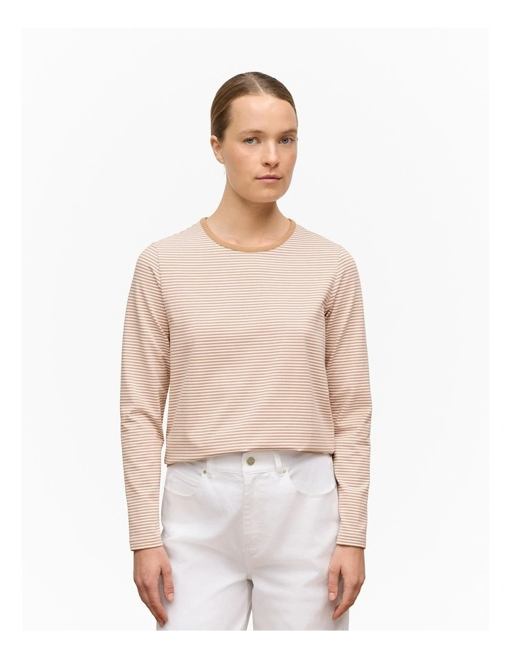 Brushed Cotton Stripe Long Sleeve T-shirt in Camel image 1