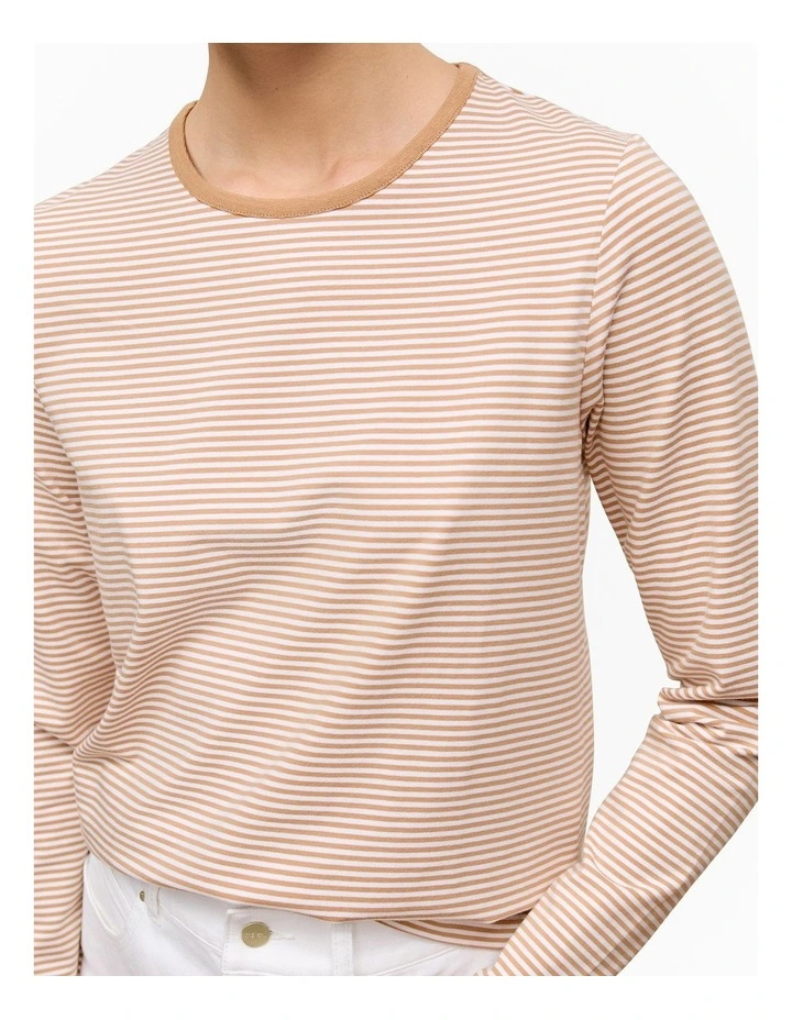 Brushed Cotton Stripe Long Sleeve T-shirt in Camel image 3