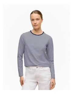 Brushed Cotton Stripe Long Sleeve T-shirt in Night Sky