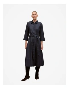 Denim Pleat Detail Shirt Dress in Dark Indigo