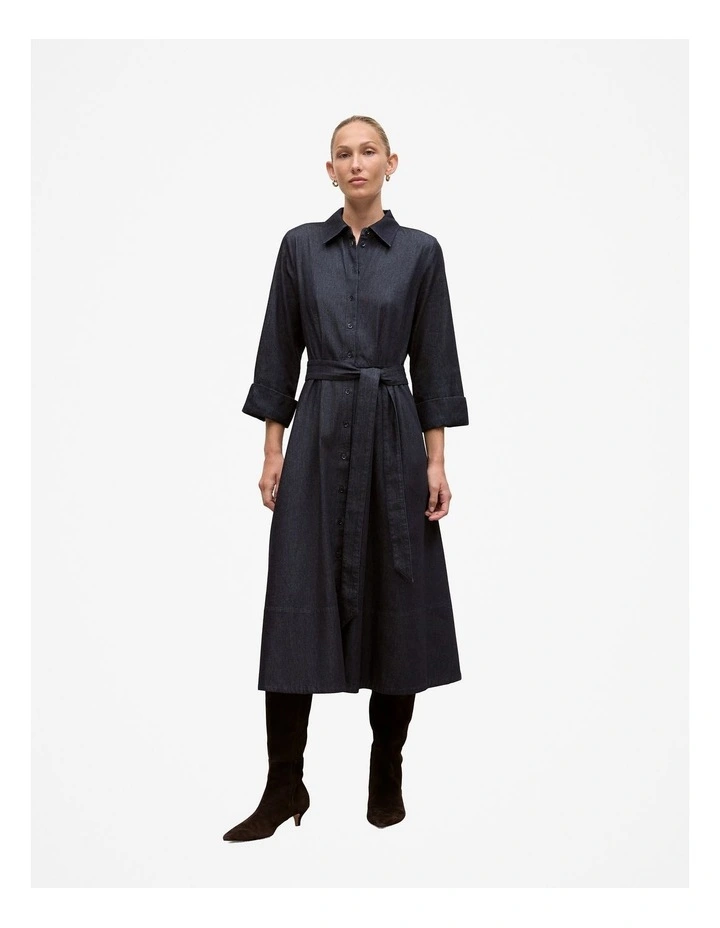 Denim Pleat Detail Shirt Dress in Dark Indigo image 1