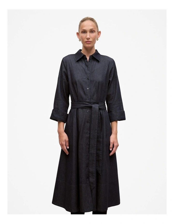 Denim Pleat Detail Shirt Dress in Dark Indigo image 2
