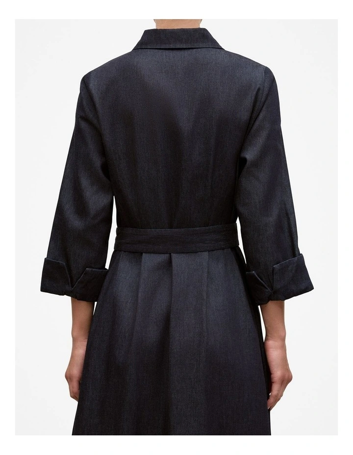 Denim Pleat Detail Shirt Dress in Dark Indigo image 3