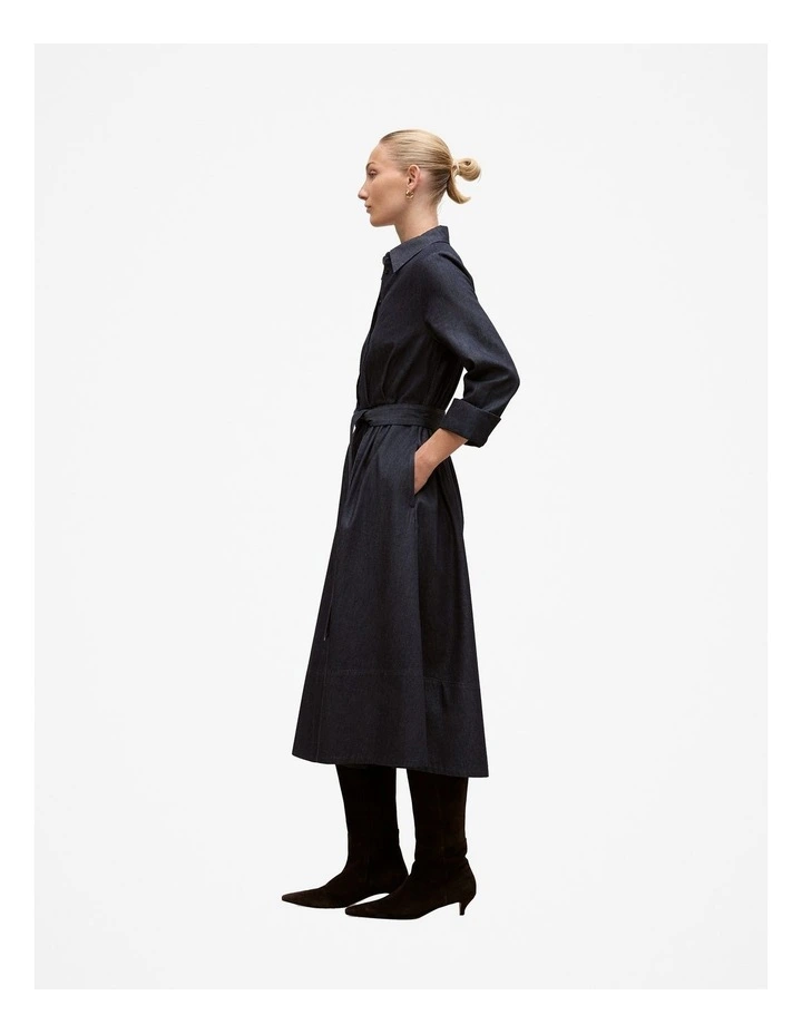Denim Pleat Detail Shirt Dress in Dark Indigo image 4