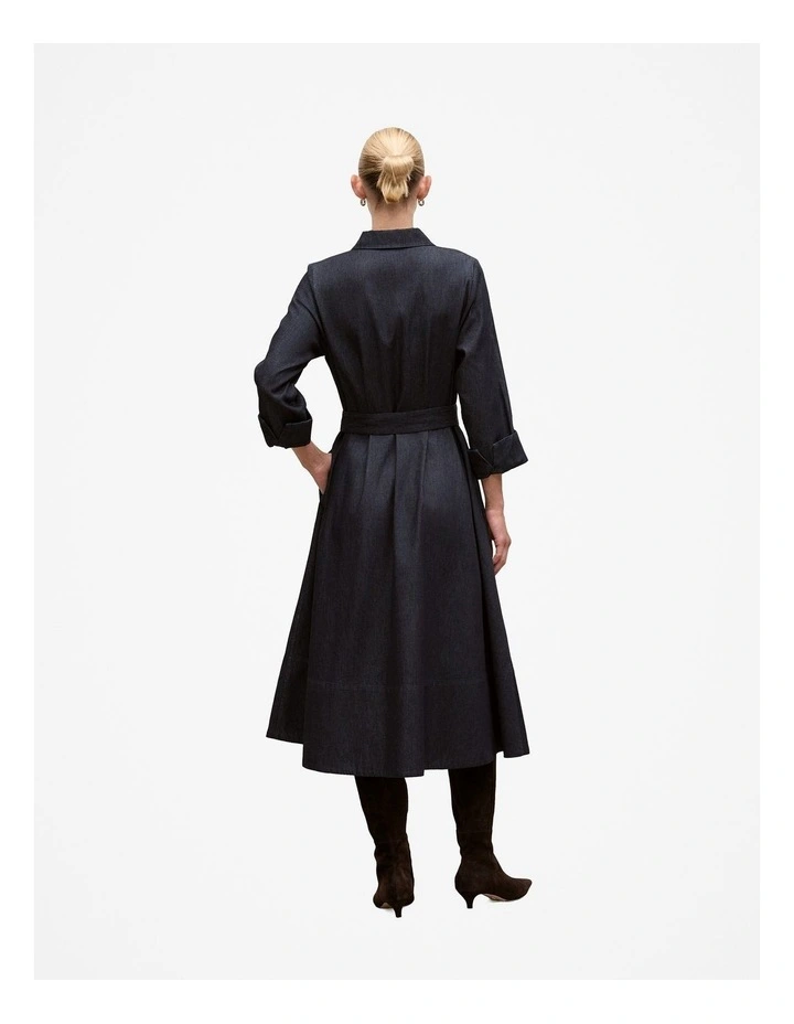 Denim Pleat Detail Shirt Dress in Dark Indigo image 5