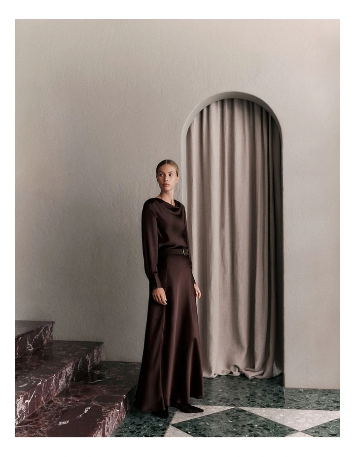 Satin Bias Cut Maxi Skirt in Coffee Bean image 2