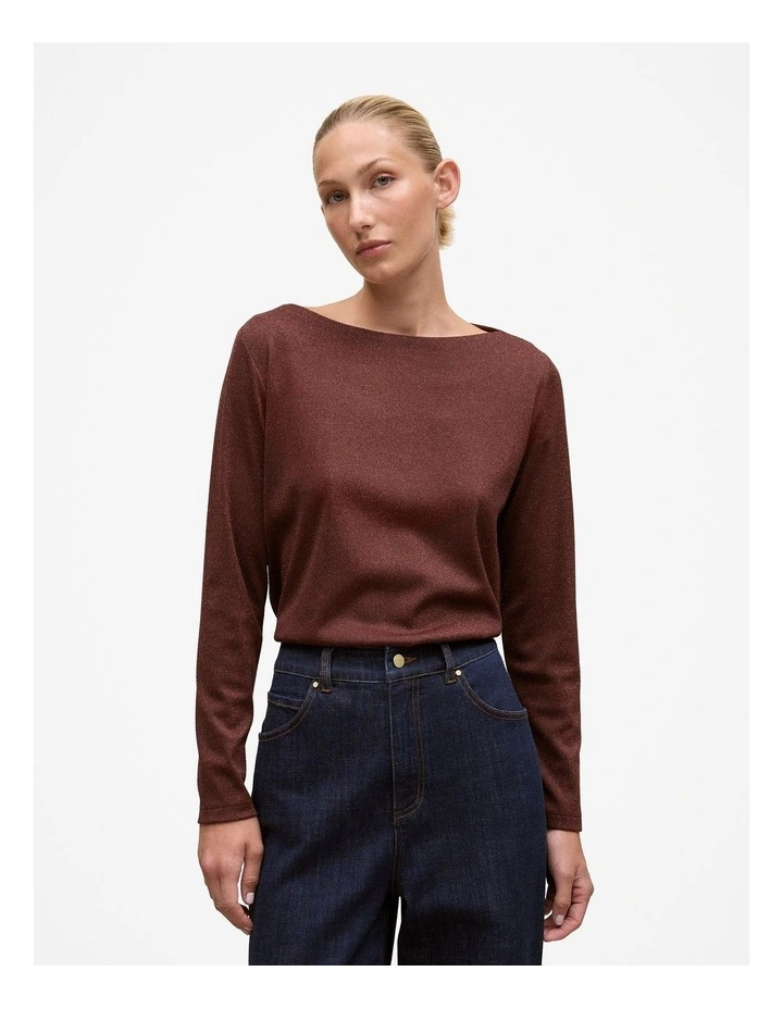Metallic Boat Neck Long Sleeve T-shirt in Espresso image 1