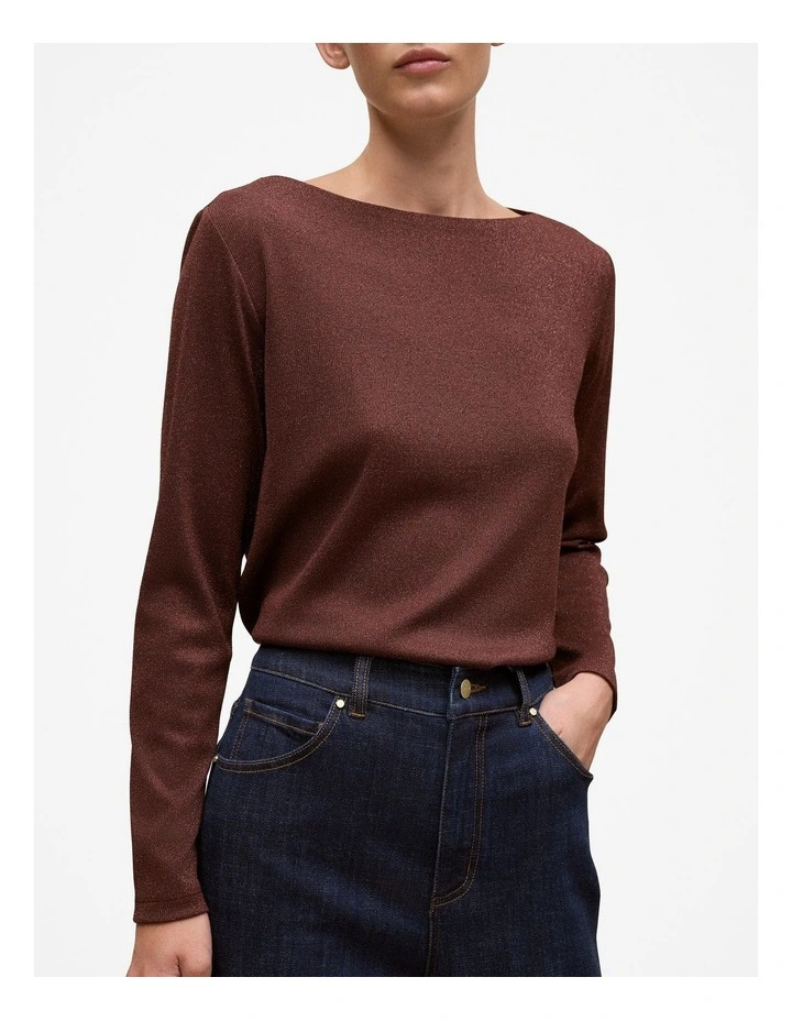Metallic Boat Neck Long Sleeve T-shirt in Espresso image 3