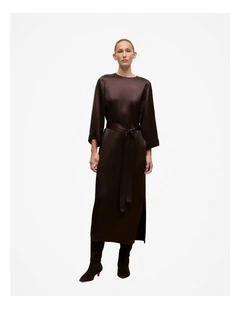 Satin Belted Column Dress in Coffee Bean
