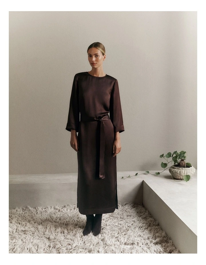 Satin Belted Column Dress in Coffee Bean image 2
