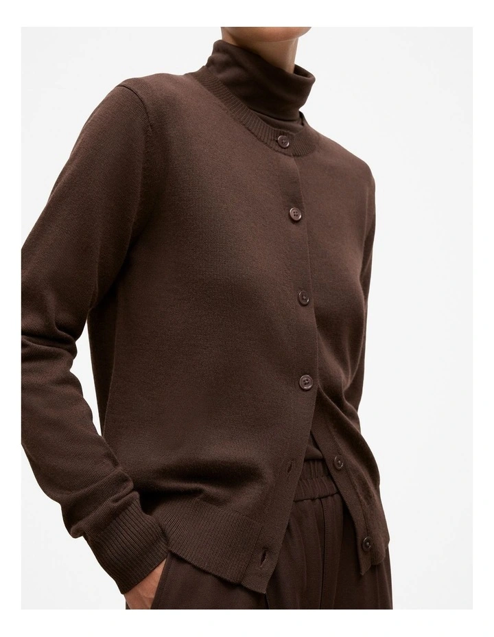 Merino Classic Crew Neck Cardigan in Coffee Bean image 3