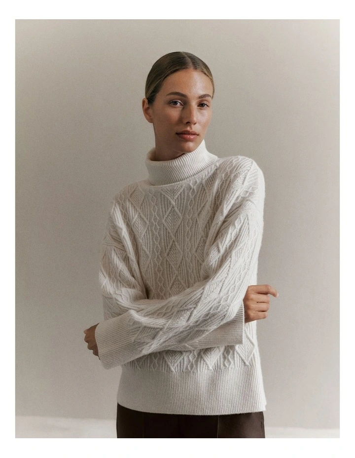 Merino Cable Rollneck knitted Jumper in Marshmallow image 2