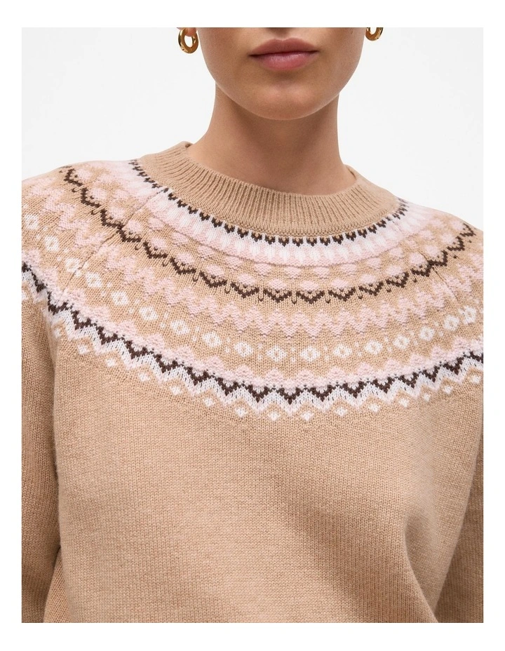 Merino Cashmere Fair Isle Crew Nack Jumper in Tan image 3