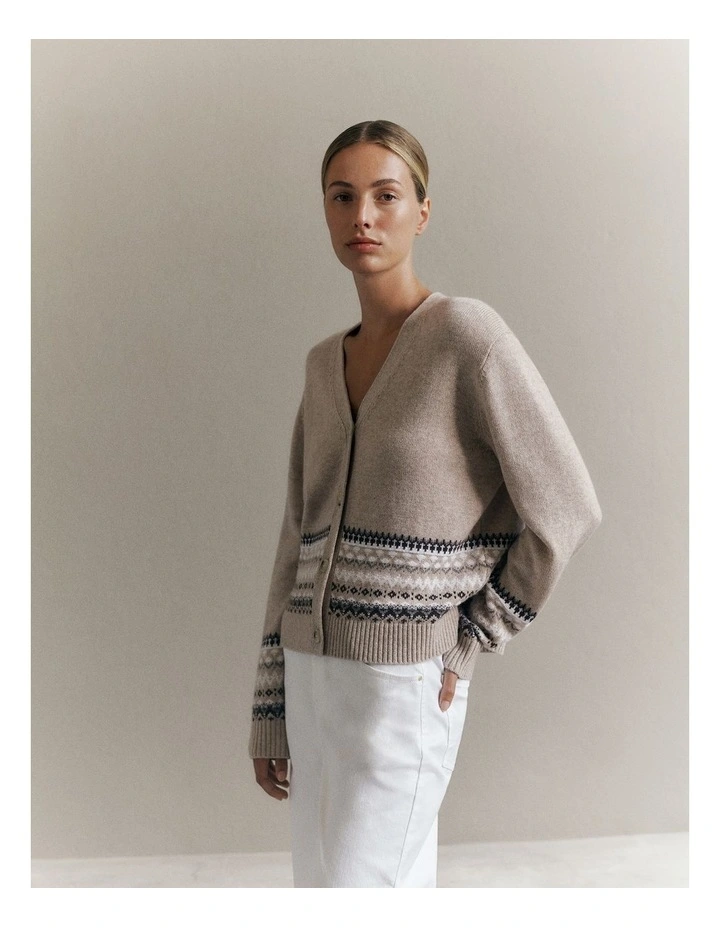 Merino Cashmere Fair Isle Cardigan in Oat Marle image 2