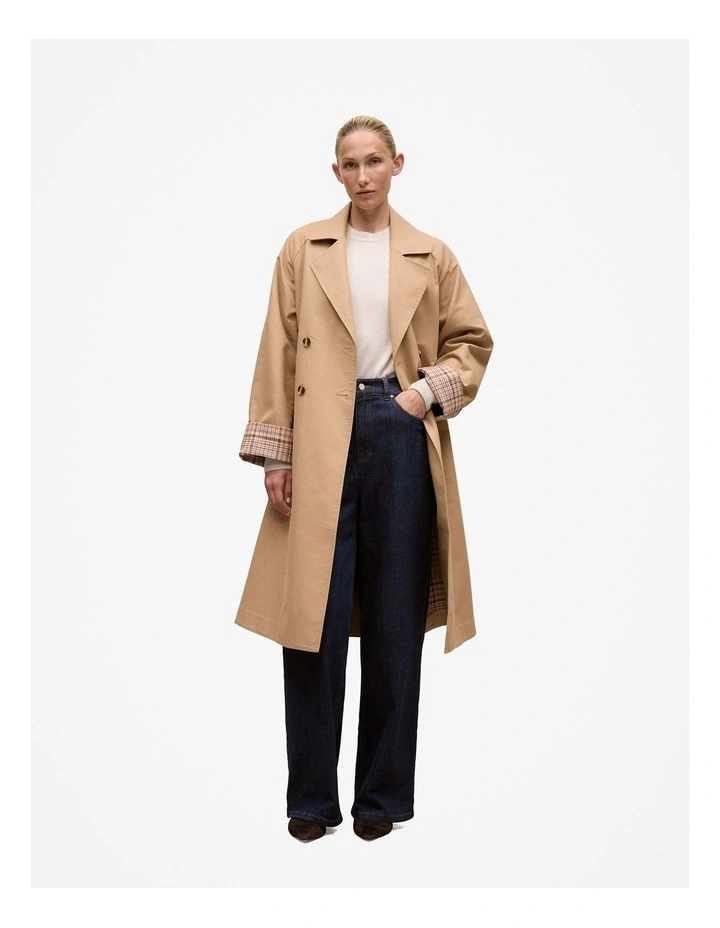 Cotton Twill Cuff Detail Trench Coat in Tan image 2