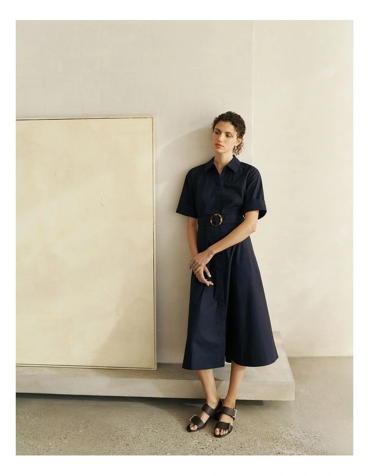 Poplin Pleat Detail Short Sleeve Dress in Night Sky image 2