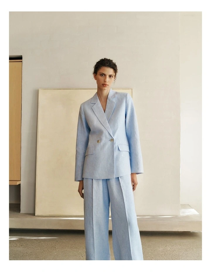 Yarn Dyed Linen Double Breasted Blazer in Blue Marble image 2