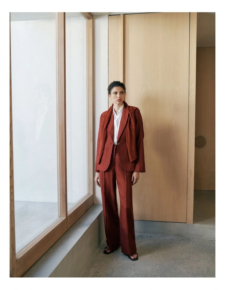 Linen Twill Pintucked Wide Leg Pant in Russet image 2