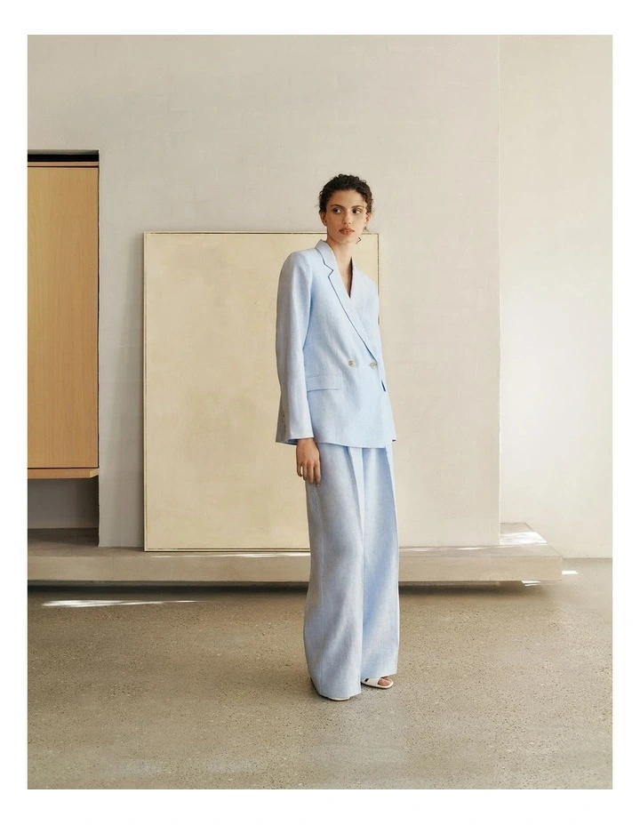 Yarn Dyed Linen Pleat Detail Pant in Blue Marble image 2