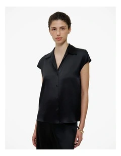 Silk Satin Cap Sleeve Shirt in Black