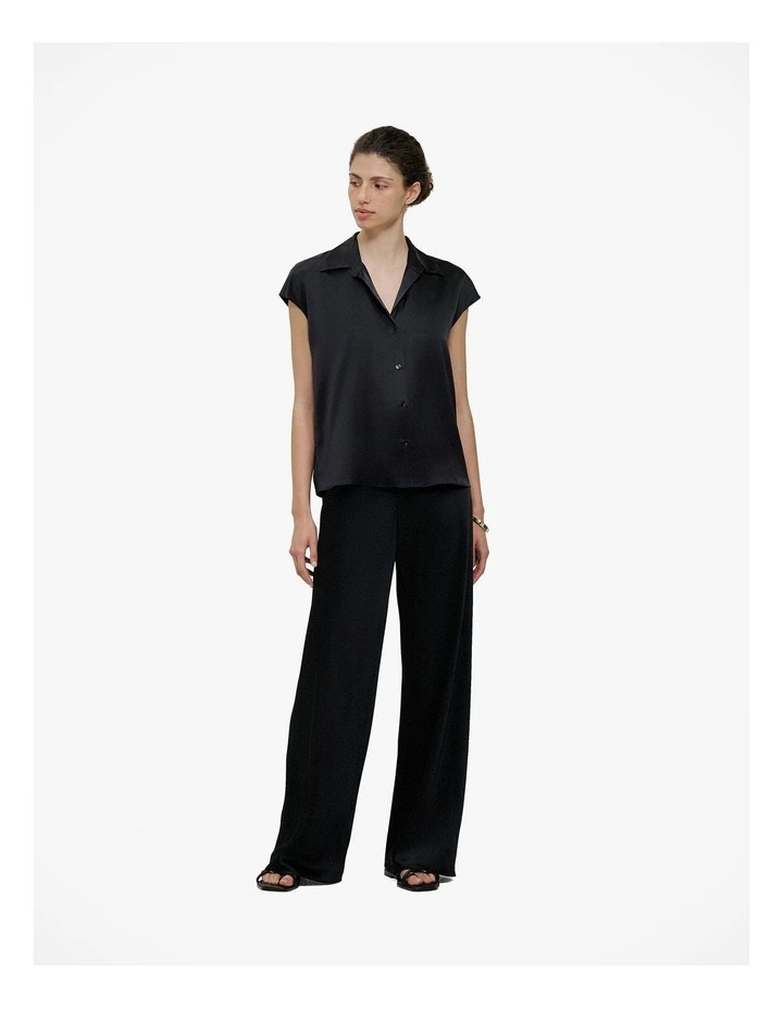 Silk Satin Cap Sleeve Shirt in Black image 2
