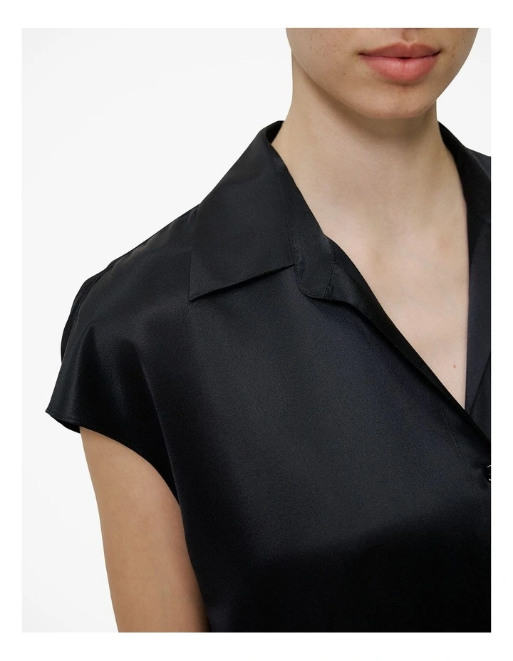 Silk Satin Cap Sleeve Shirt in Black image 3