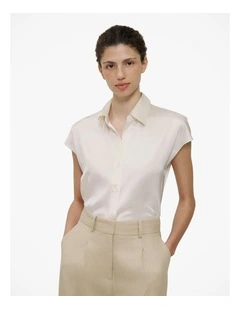 Silk Satin Cap Sleeve Shirt in Parchment