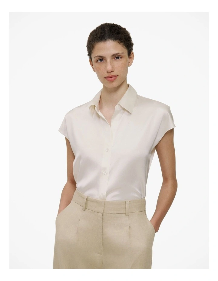 Silk Satin Cap Sleeve Shirt in Parchment image 1