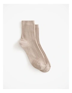 Metallic Rib Crew Sock in Clay
