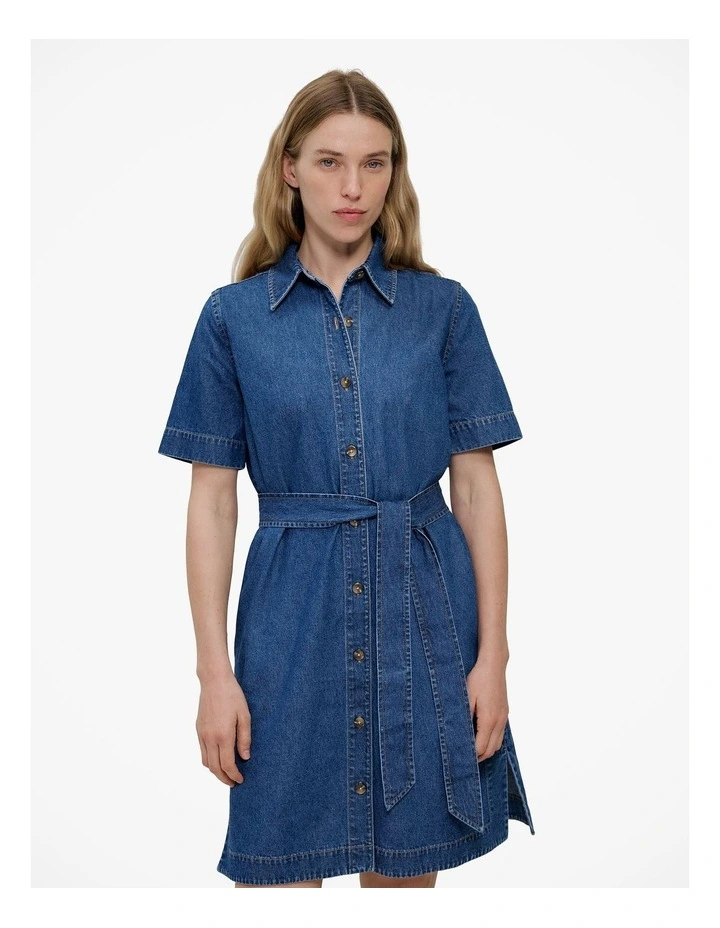 Denim Belted Shirt Dress in Mid Blue image 1
