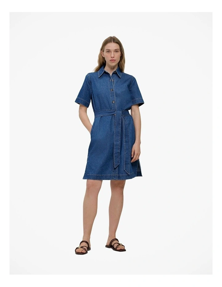 Denim Belted Shirt Dress in Mid Blue image 2