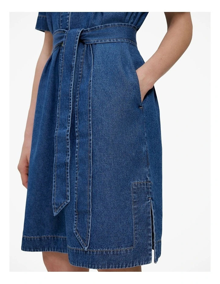 Denim Belted Shirt Dress in Mid Blue image 3
