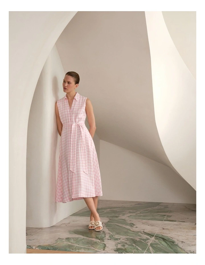 Gingham Linen Sleeveless Shirt Dress in Blossom Pink image 2