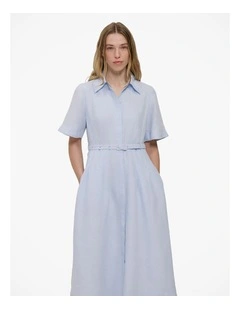 Linen Belted Short Sleeve Shirt Dress in Ice Blue