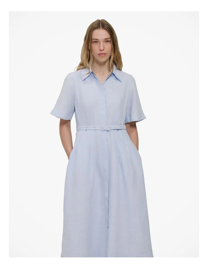 Linen Belted Short Sleeve Shirt Dress in Ice Blue image 1