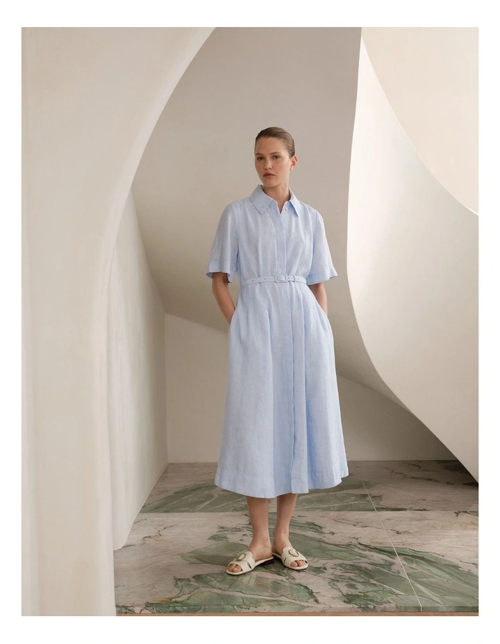 Linen Belted Short Sleeve Shirt Dress in Ice Blue image 2