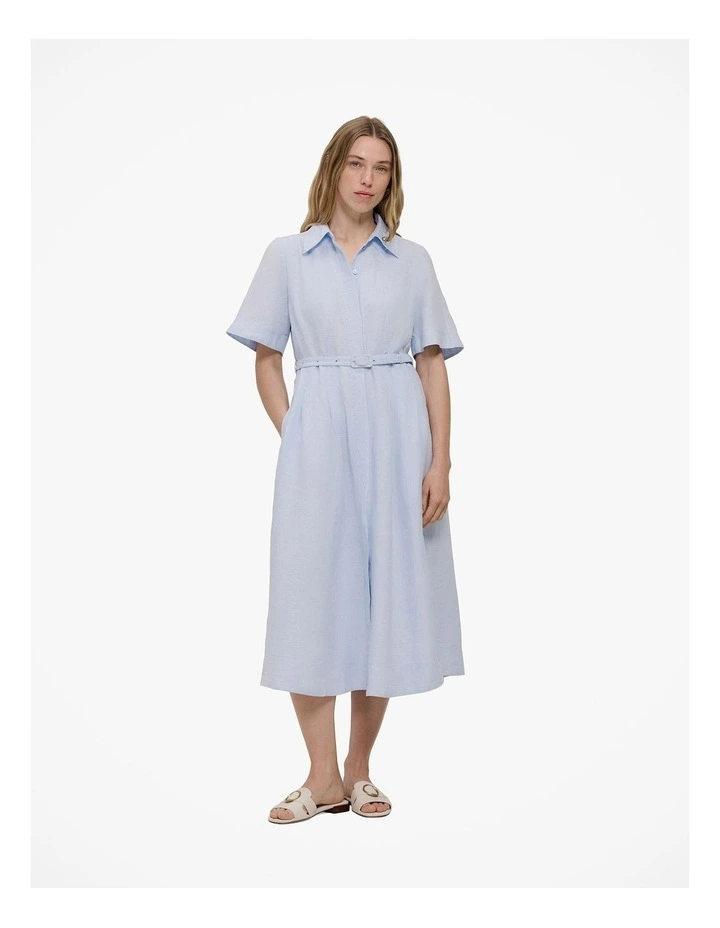 Linen Belted Short Sleeve Shirt Dress in Ice Blue image 3