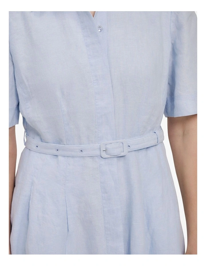 Linen Belted Short Sleeve Shirt Dress in Ice Blue image 4