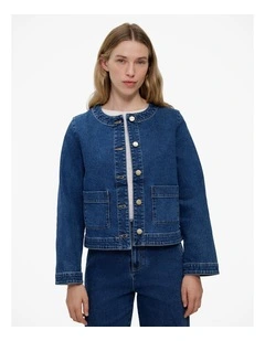 Collarless Cropped Denim Jacket in Mid Blue