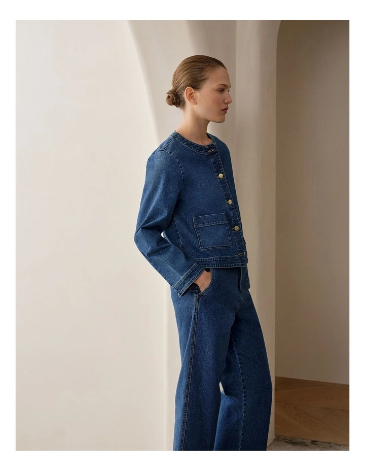 Collarless Cropped Denim Jacket in Mid Blue image 2