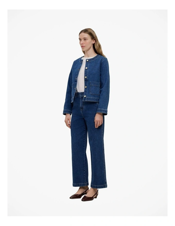 Collarless Cropped Denim Jacket in Mid Blue image 5