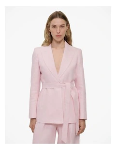 Linen Herringbone Belted Jacket in Blossom Pink