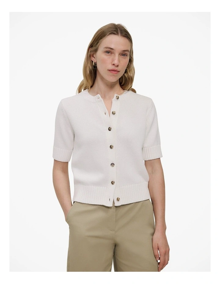 Cotton Knit Short Sleeve Cardigan in White image 1