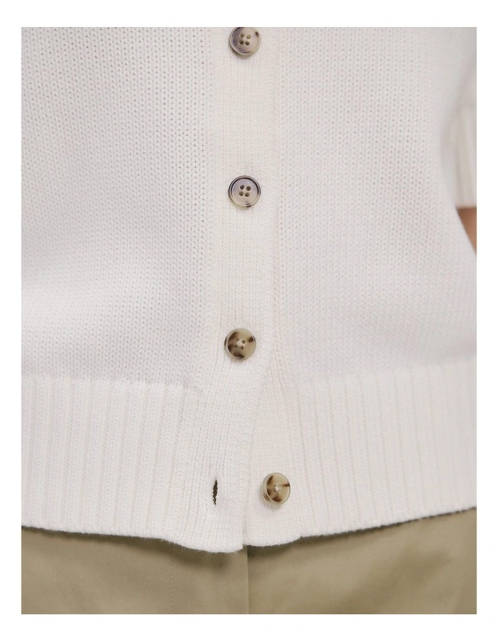 Cotton Knit Short Sleeve Cardigan in White image 3