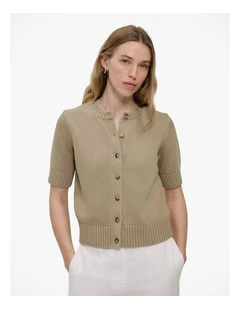 Cotton Knit Short Sleeve Cardigan in Olive Brown
