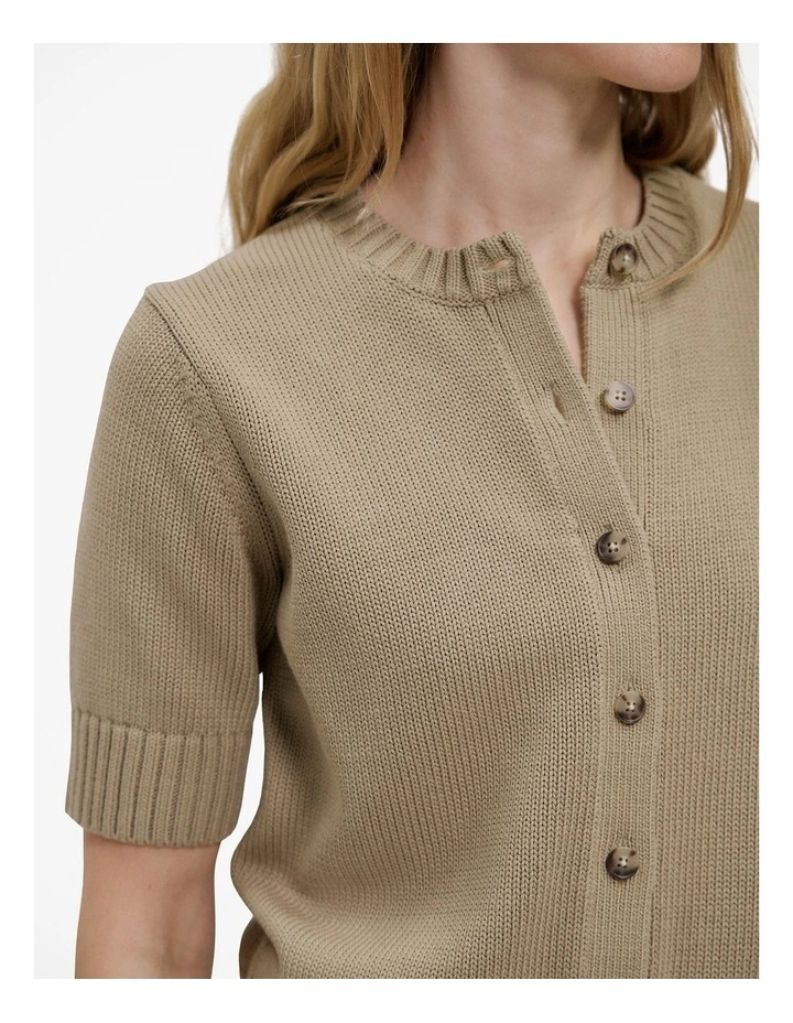Cotton Knit Short Sleeve Cardigan in Olive Brown image 3