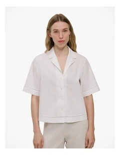Poplin Lattice Trim Short Sleeve Shirt in White