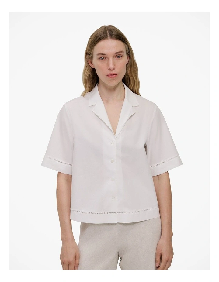 Poplin Lattice Trim Short Sleeve Shirt in White image 1