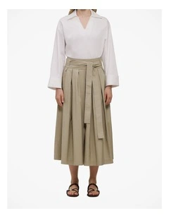 Poplin Pleated Midi Skirt in Olive Brown