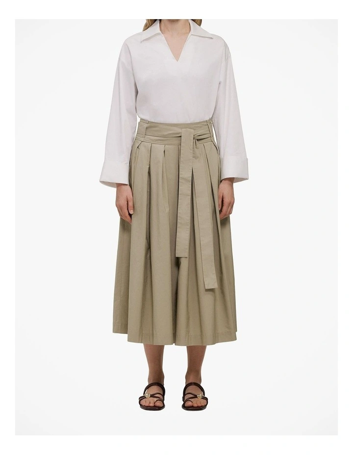Poplin Pleated Midi Skirt in Olive Brown image 1
